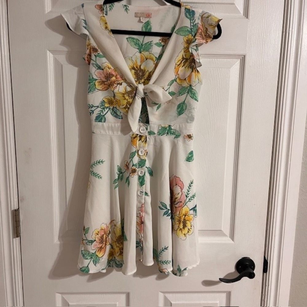 GB Floral Tie-Front Mini Dress Ruffle Sleeves Button‎ Down XS